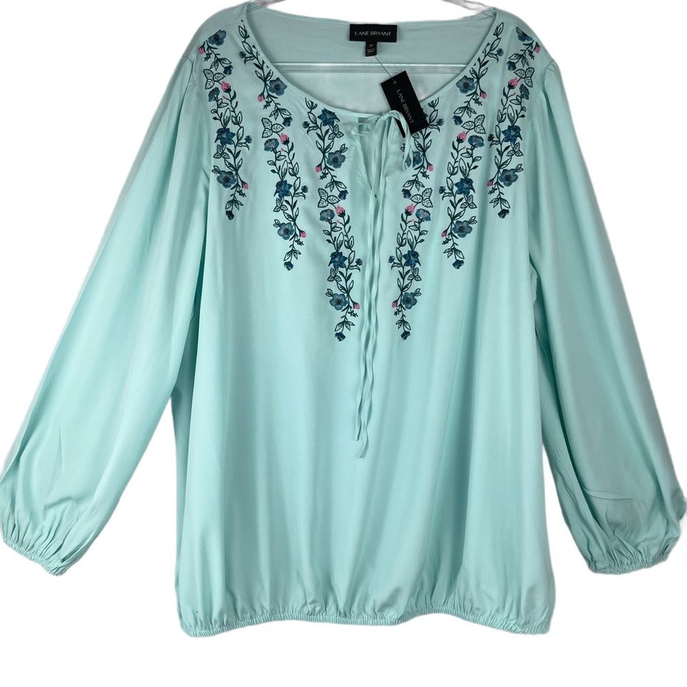 Lane Bryant Light Blue Aqua Teal Embroidered Long Sleeve Blouse | 24